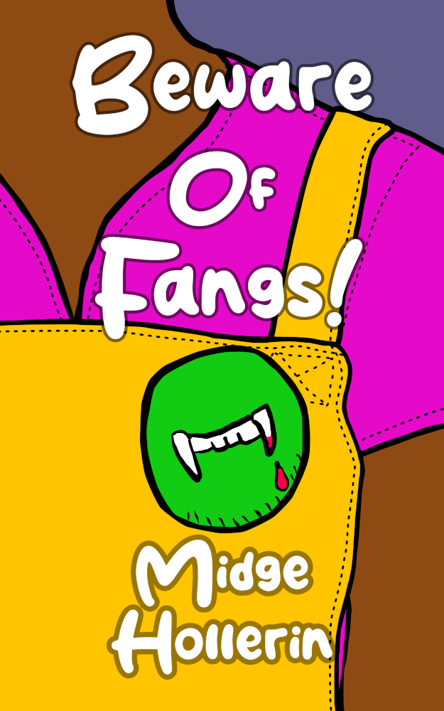 Beware Of Fangs! by Midge Hollerin. A close up cartoon style image of a black woman wearing a fuchsia colored tee with a yellow apron over it. She has a green button with stylized fangs on it. A drop of blood appears to come from one of the fangs.