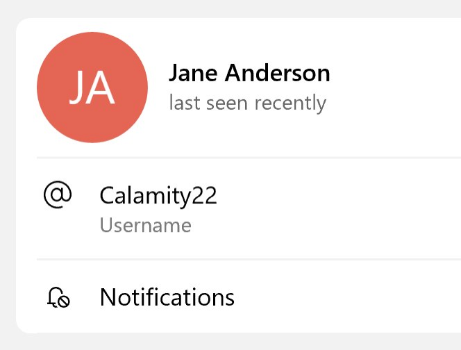 A screenshot of Jane Anderson's Telegram profile with the username at Calamity22.