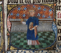 An old illustrated manuscript image of Saint Stephen the Martyr in a blue dalmatic standing on a two-tone green checkered floor with Latin writing all around him.