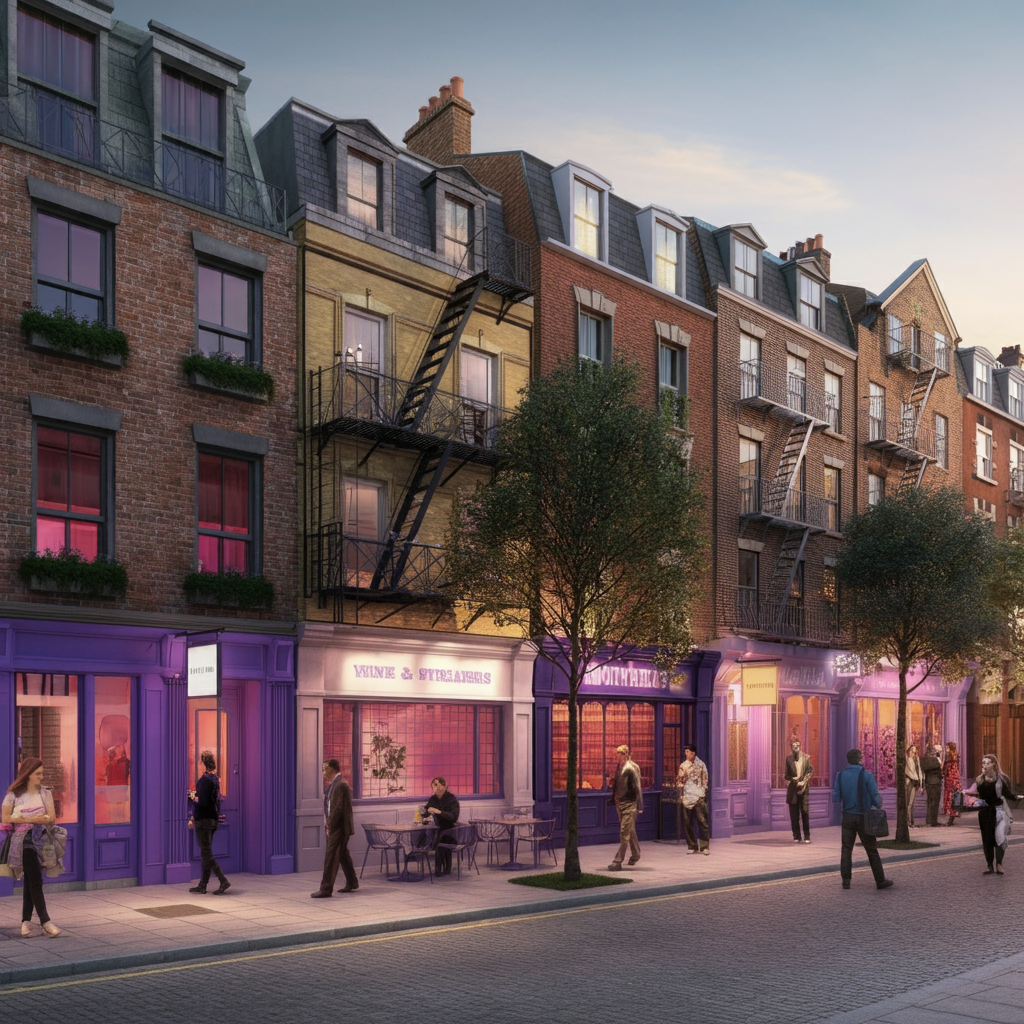 The now gentrified Purple Zone of the late 1990s, as it exists within the fictitious US Midwestern city of Progress, in an image generated by AI. The now gentrified Purple Zone of the late 1990s, as it exists within the fictitious US Midwestern city of Progress, in an image generated by AI.