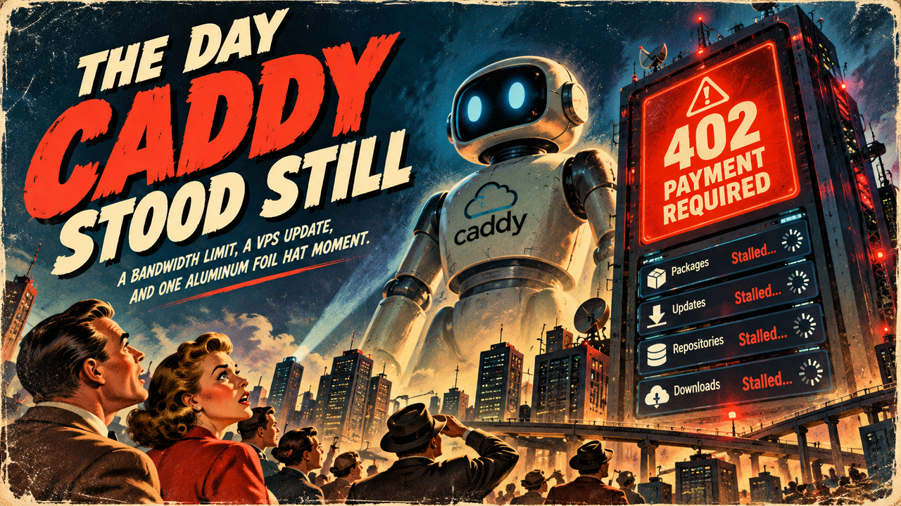 A distressed, retro-futurist poster shows a huge white-and-gray robot with glowing blue eyes and the word “caddy” on its chest looming over a city at dusk. At left, large cream and red lettering reads “THE DAY CADDY STOOD STILL,” with the smaller subtitle “A BANDWIDTH LIMIT, A VPS UPDATE, AND ONE ALUMINUM FOIL HAT MOMENT.” At right, a towering red warning display bears a triangular alert icon and the text “402 PAYMENT REQUIRED.” Below it, four status rows—“Packages,” “Updates,” “Repositories,” and “Downloads”—each read “Stalled…” beside a loading spinner. In the foreground, a crowd of men and women in mid-century clothing, including a man in a dark hat saluting or shielding his eyes, stare up at the robot and display. City buildings and an elevated roadway sit beneath a smoky blue-and-gold sky; red warning lights glow on the display. The image has a dramatic, weathered comic-book-poster style.