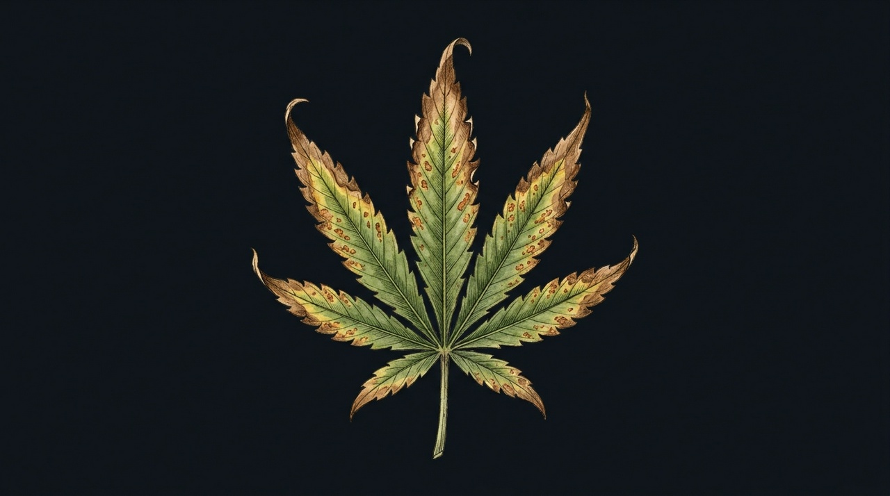 Potassium deficiency in cannabis - a lower fan leaf with scorched brown margins and rust-colored flecks, botanical illustration