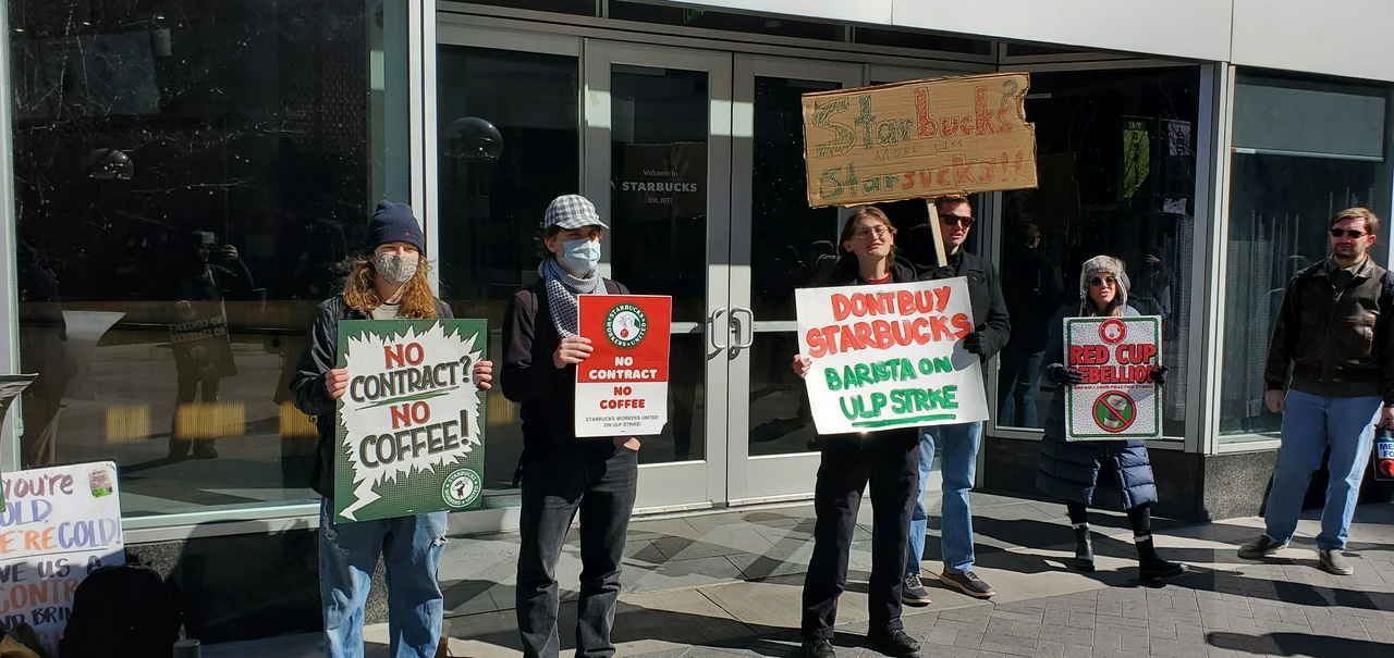 Denver Starbucks workers on the picket line.