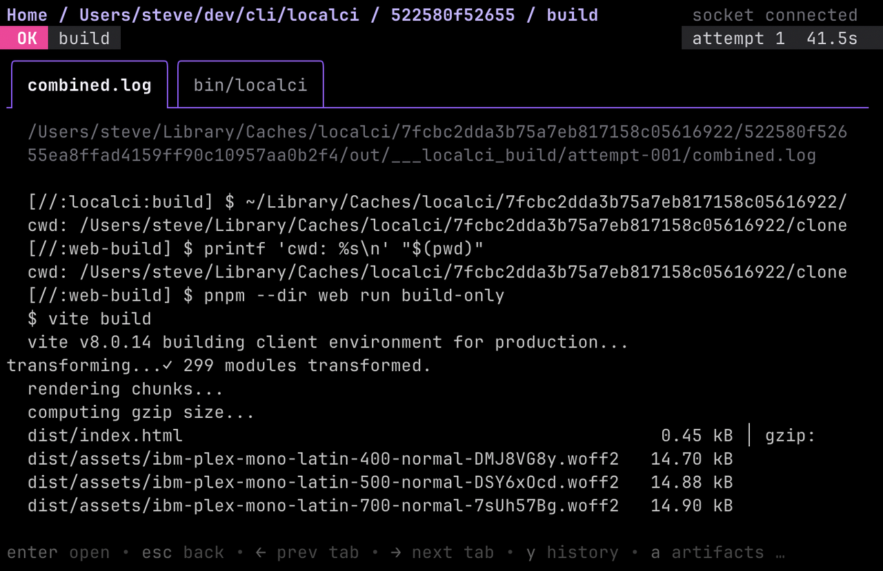 Another terminal-based UI, this one showing scrollable log output for a build task