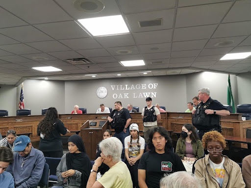 A group of protesters attending a city council meeting.