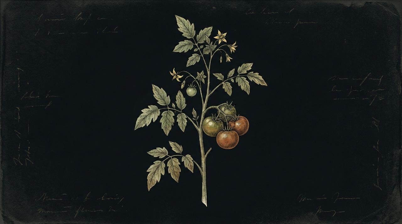 Antique botanical plate of a tomato plant with ripening fruit