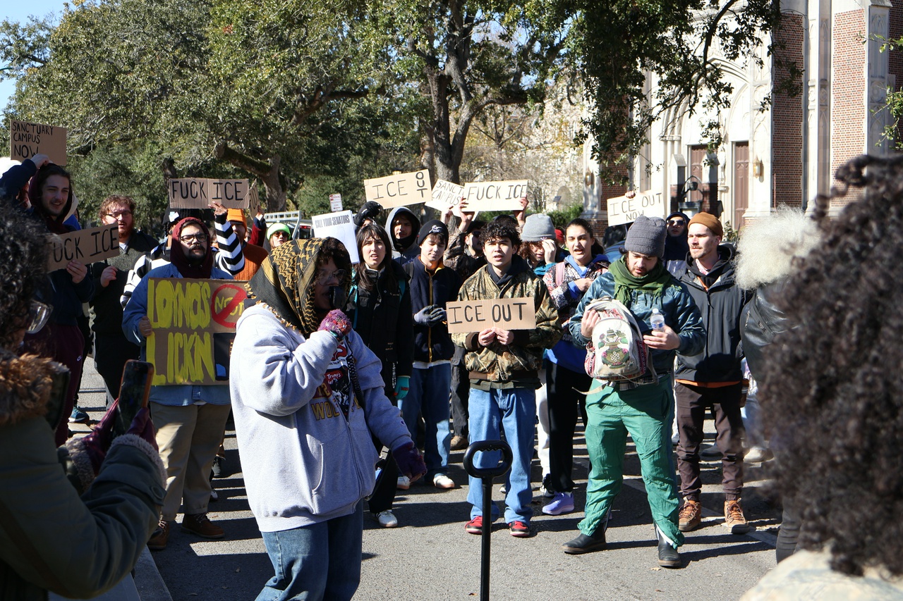 Protesters occupy the street outside Loyola university.