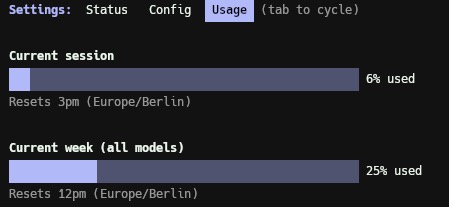 Displays the Claude Code `/usage`; the focus here is the “current week” with 25% for all models.
