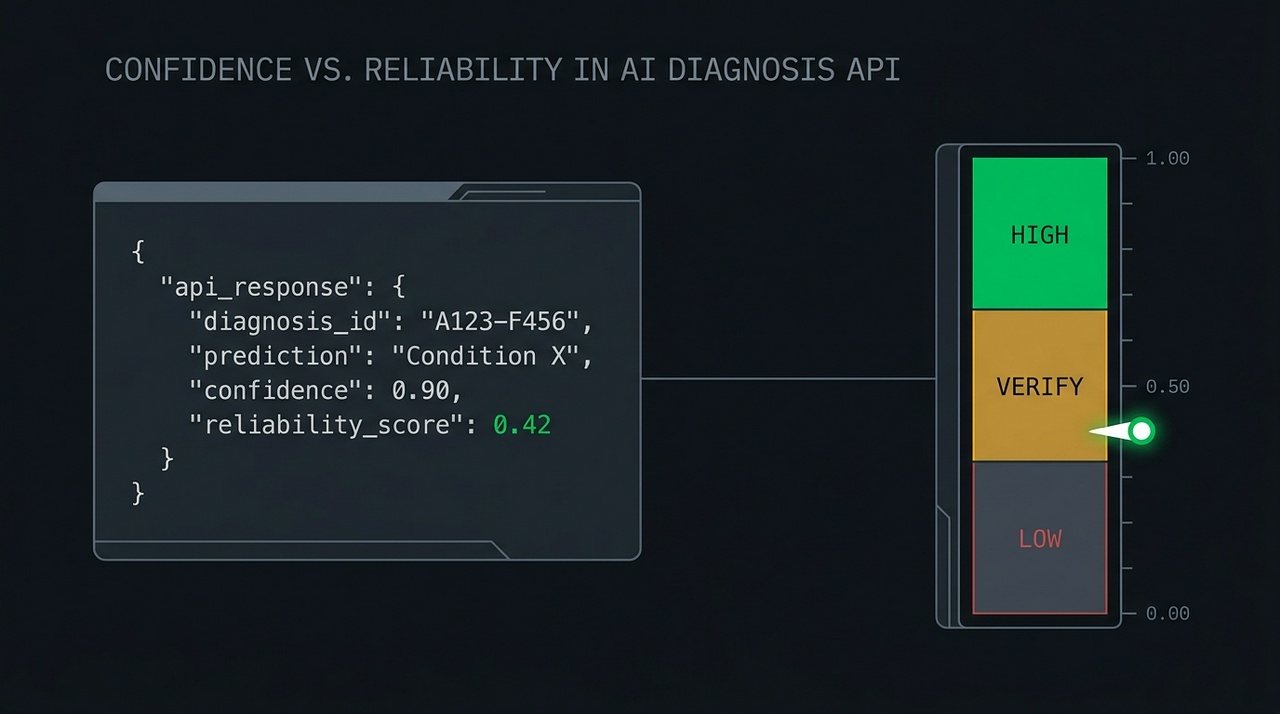 API response JSON showing high confidence but a low reliability_score, mapped onto a three-band trust gauge
