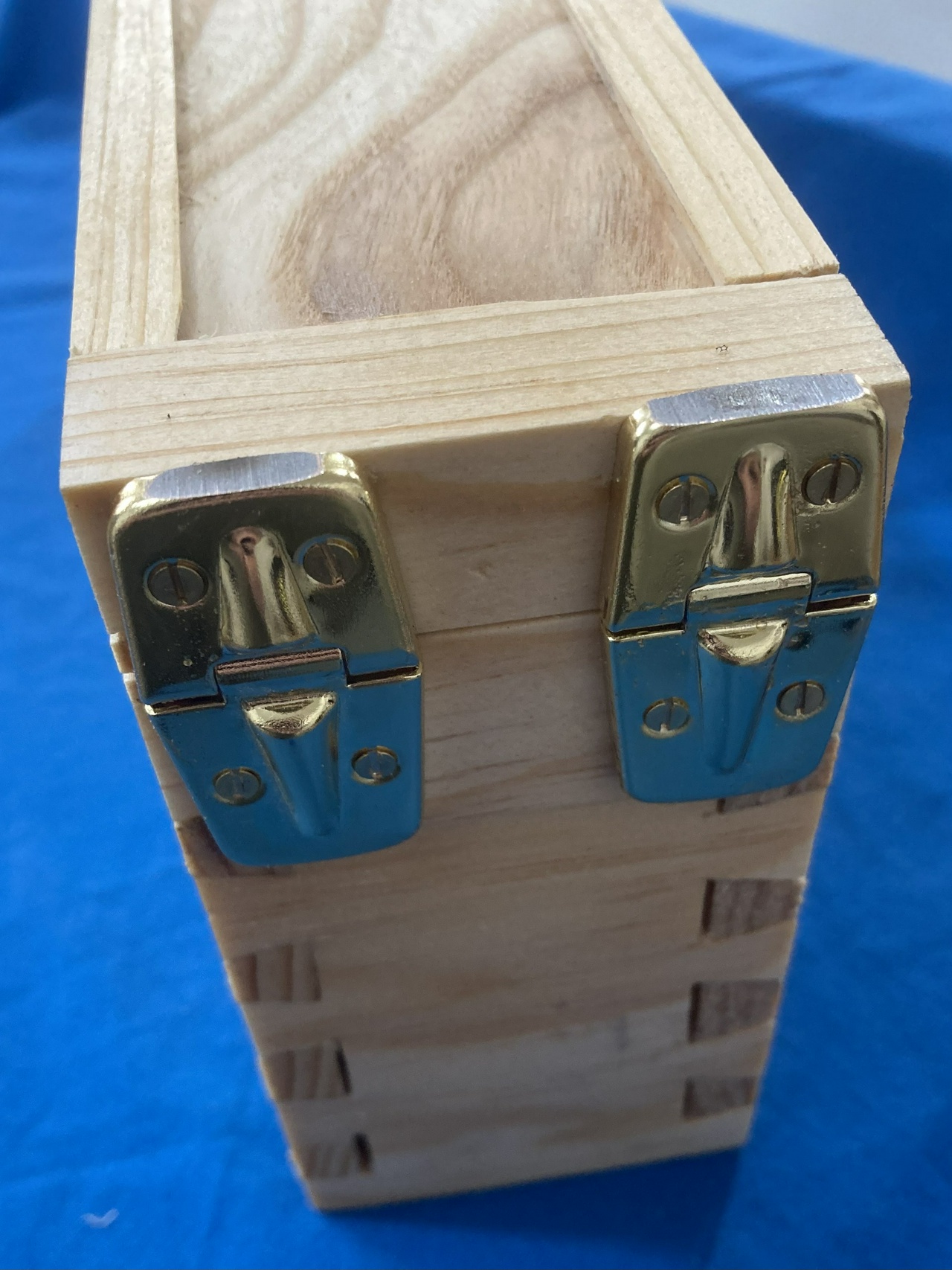 "Back" of the box, showing the hinges with some of the brass plating sanded off