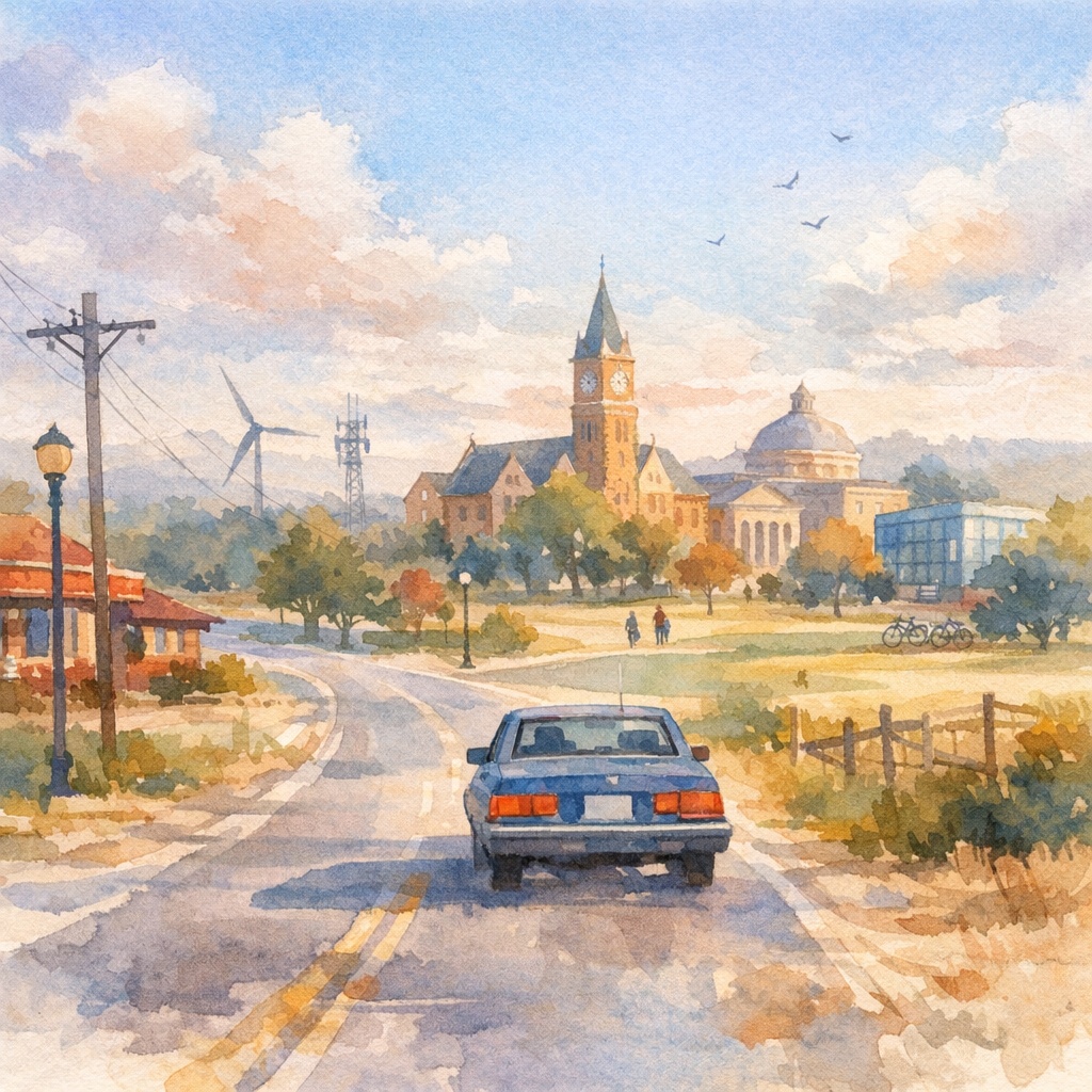 A watercolor painting depicts a serene rural scene with a blue car driving down a two-lane road toward a small town in the distance. The road curves gently to the left, flanked by grassy fields and scattered bushes. On the left side, there is a utility pole and a streetlamp near a red-roofed building partially visible. In the background, a prominent clock tower with a pointed roof stands among other historic buildings, including one with a large dome and columns. To the right, a modern glass building and a few bicycles parked near trees are visible. The sky is bright with soft, fluffy clouds and a few birds flying. Two people walk along a path near the town, adding a peaceful, community feel to the scene. The overall atmosphere is calm and picturesque.