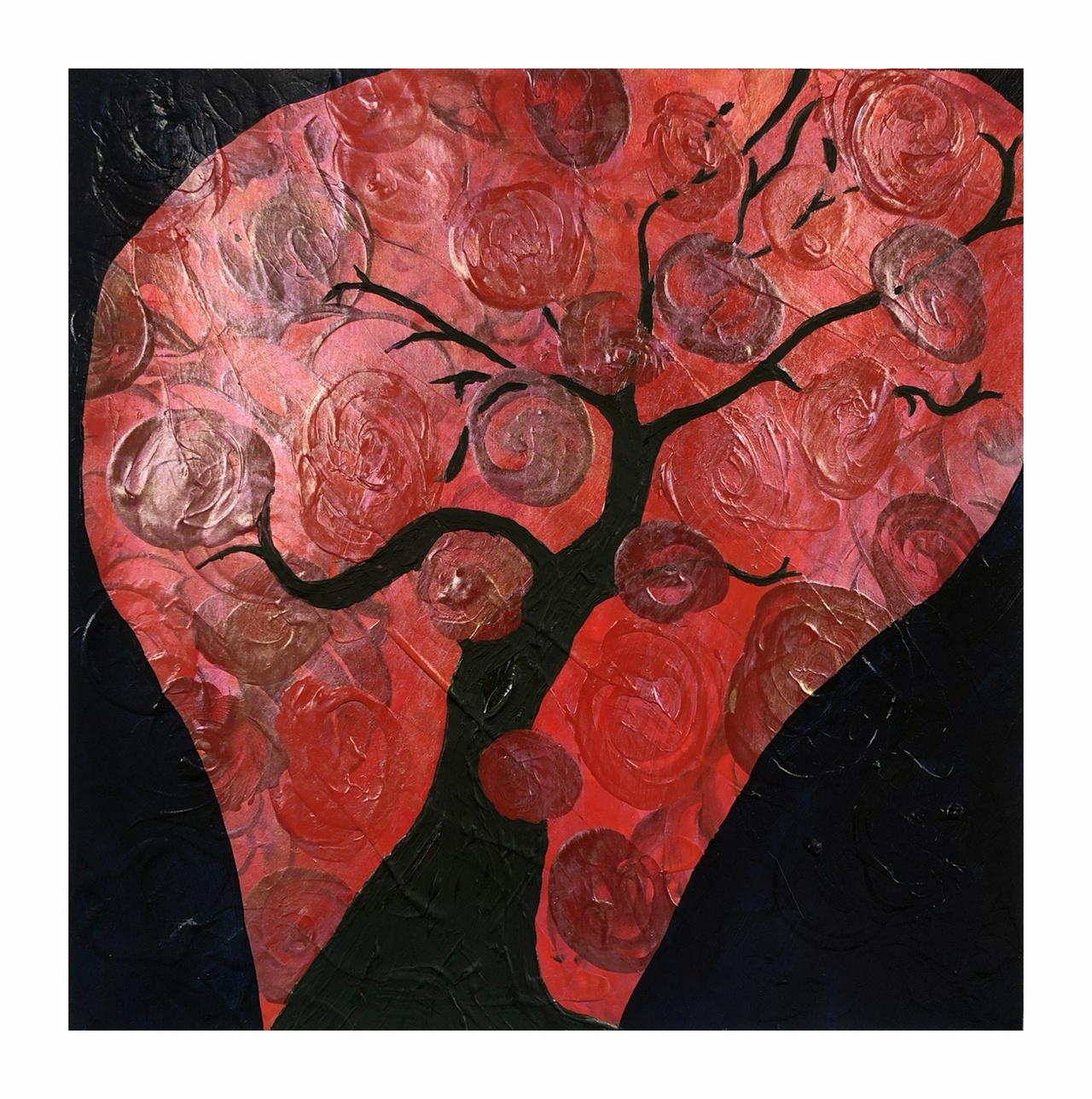 a silhouette of a tree, with shades of red and pink flowery-leaves encircling it. It's vignetted by darkness