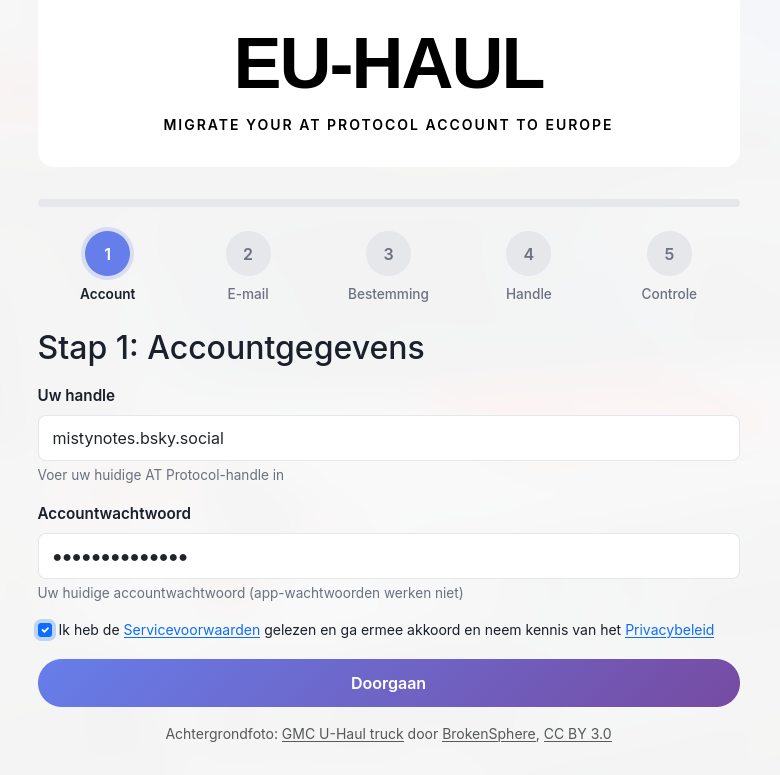 Stap 1: formulier accountgegevens met handle en accountwachtwoord in te vullen