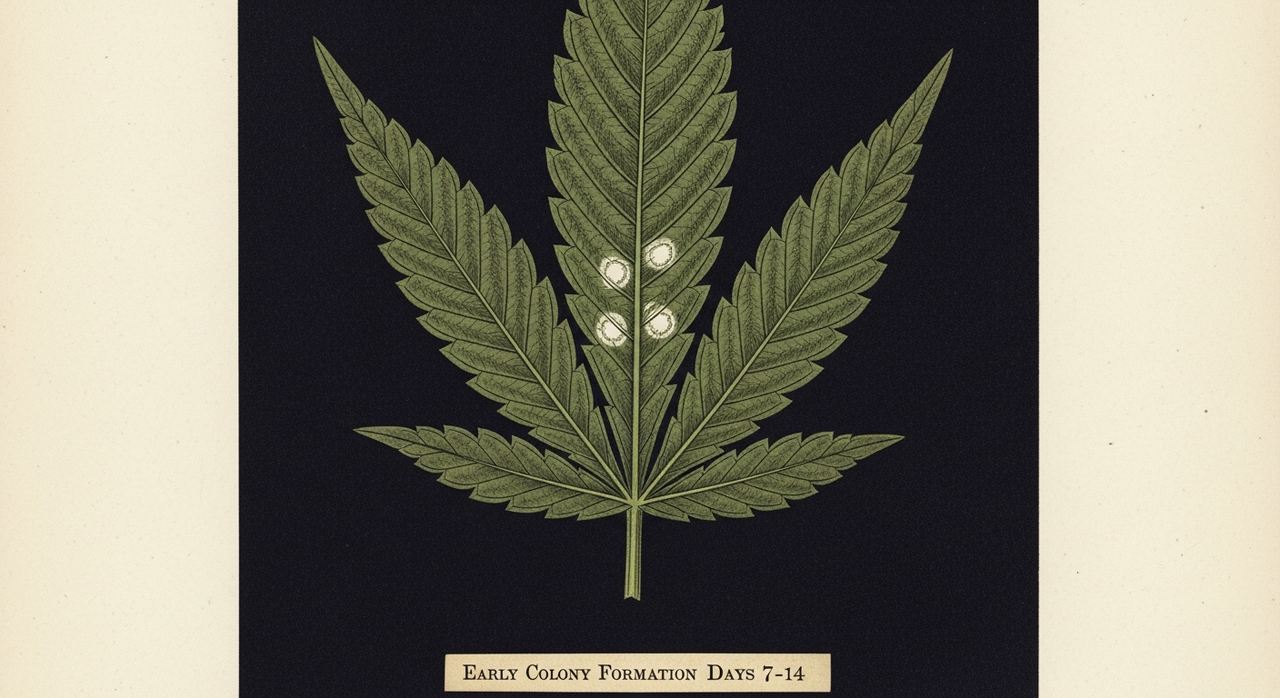 Early powdery mildew on cannabis - small white chalk-dust spots on older leaf