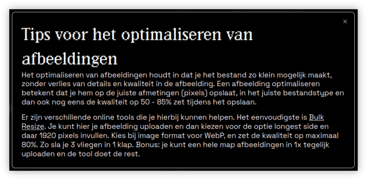 Tekst met tips voor het optimaliseren van afbeeldingden