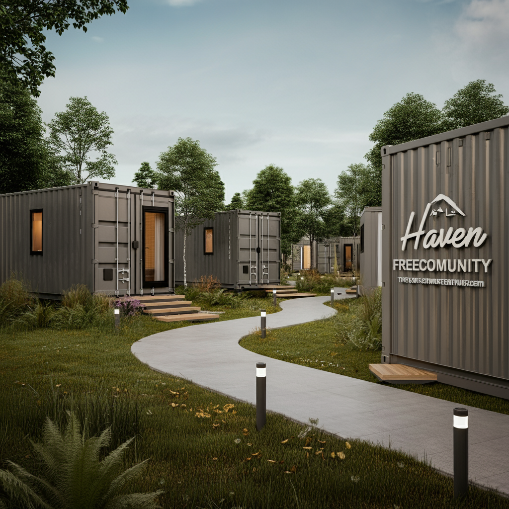 Haven Freecommunity as a co-op neighborhood of creative classers in tiny homes converted from shipping containers, within the fictitious US Midwestern city of Progress, in an image generated by AI. Haven Freecommunity as a co-op neighborhood of creative classers in tiny homes converted from shipping containers, within the fictitious US Midwestern city of Progress, in an image generated by AI.