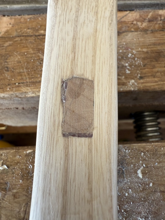 The tenon, sawn flush with the top of the cane, and with ash and CA glue filler filling a few very tiny gaps