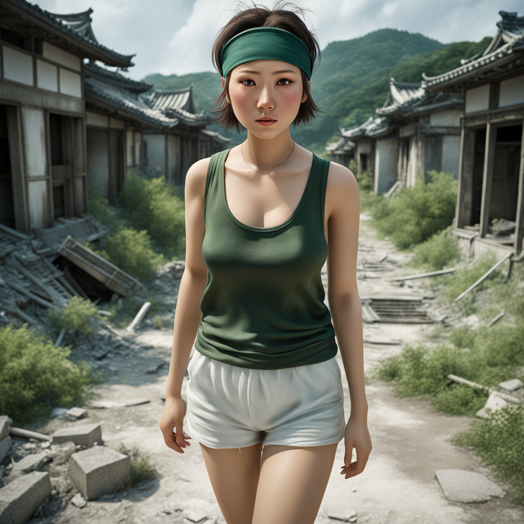 best quality, realistic, RAW photo, high angle shot, a tall ((Japanese)) large breasts wide-hipped short bobbed haired intelligent beautiful girl walking with sweat at the ruin destroyed by war in summer, too hot, cool beauty, very tired, wearing ((dark green headband)), ((dark green tanktops with a large open chest area)), ((white tight silky hotpants)), ((white long boots)).