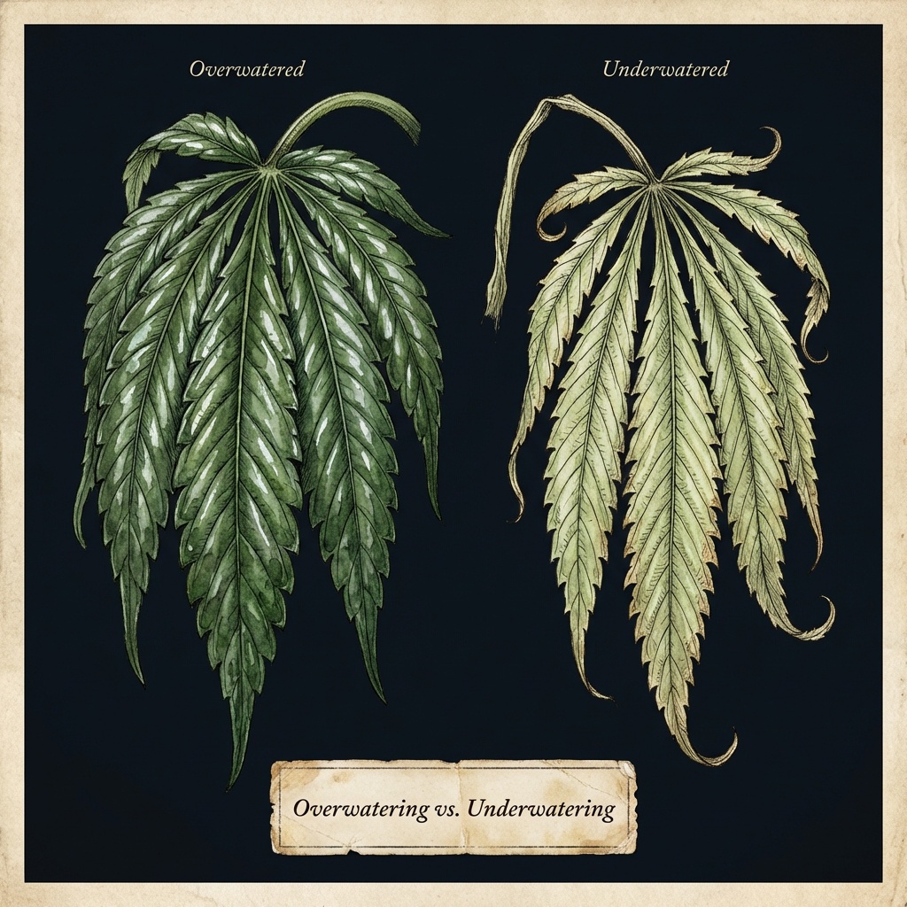 Overwatered vs underwatered cannabis leaves - plump dark drooping versus thin papery wilting