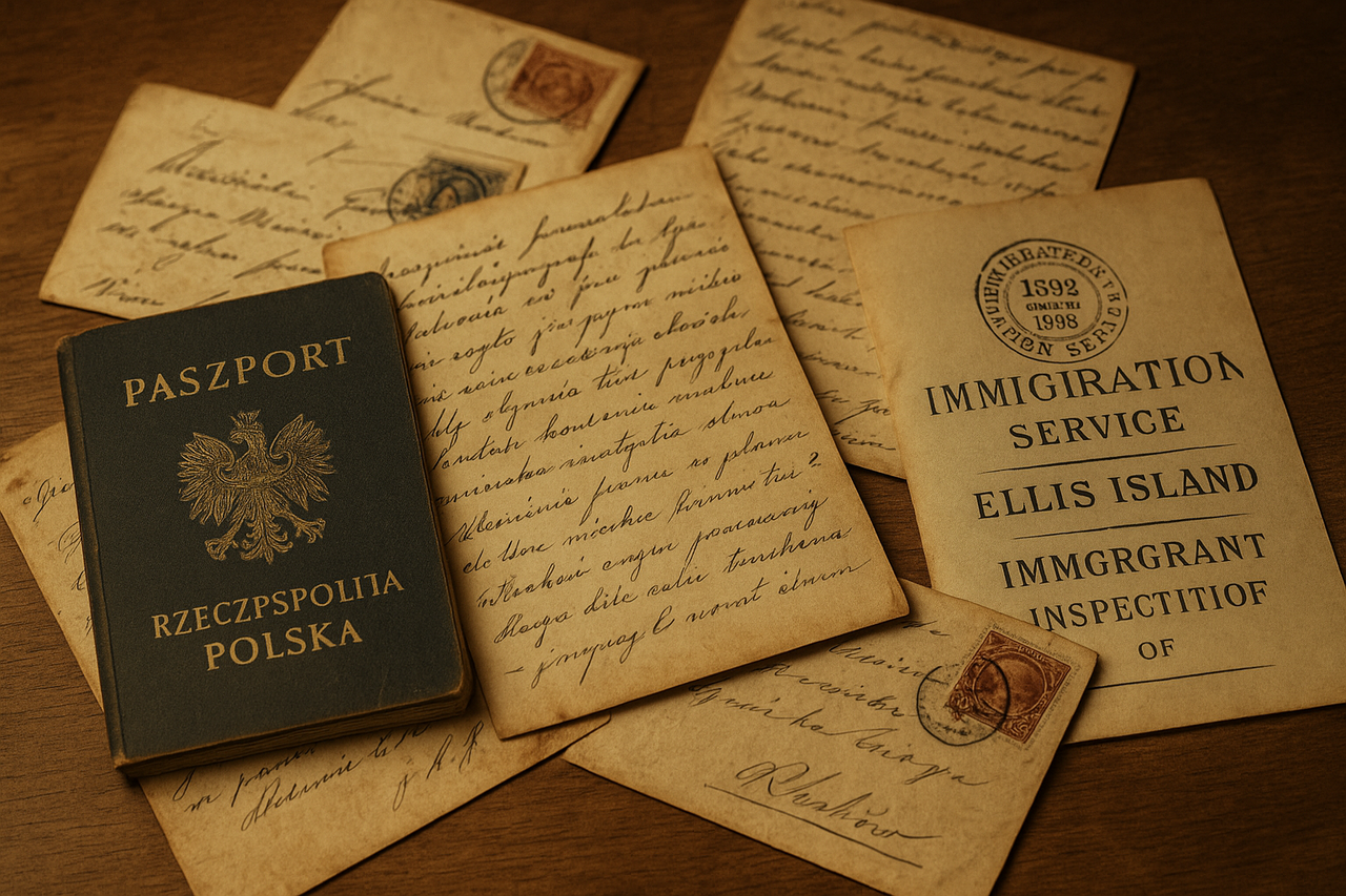 A vintage collection of documents on a wooden surface, including a Polish passport ("Paszport Rzeczpospolita Polska") with a gold eagle emblem, several aged letters with handwritten text, and a paper labeled "Immigration Service Ellis Island Immigrant Inspection of 1892-1998." The items evoke a historical theme related to immigration and travel.