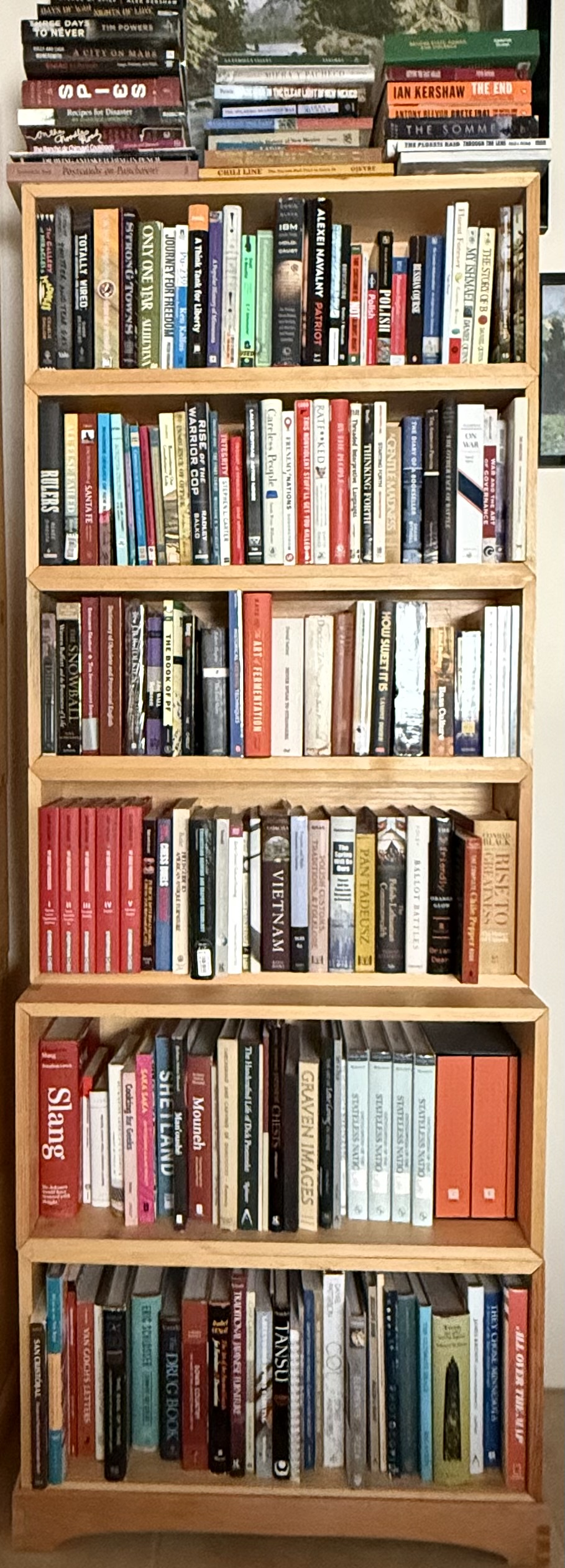 The "To Be Read" shelf A bookcase with six shelves full of books, and about 30 books laying atop the top of the case.