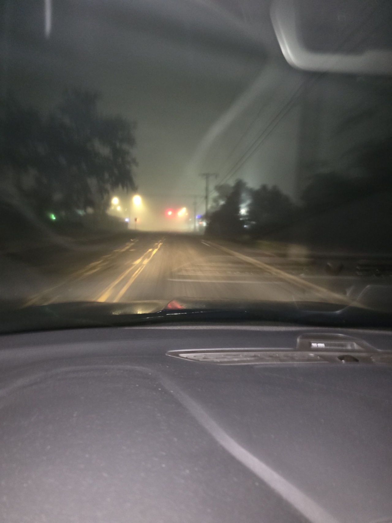 A blurry photograph taken from inside a car at night, showing a view of a road with traffic lights and faint outlines of trees in foggy or misty conditions. The dashboard of the car is visible in the foreground.