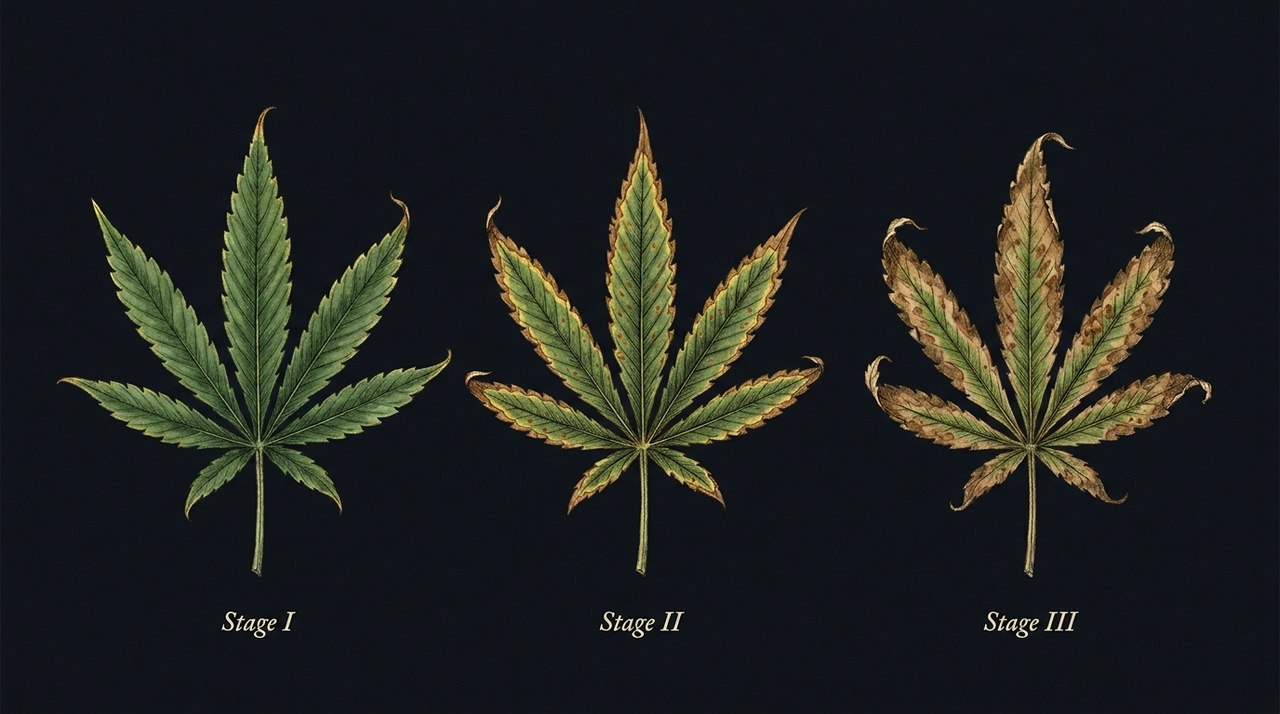 Potassium deficiency progression on a cannabis fan leaf - yellow margins darkening to brown scorch with interveinal rust flecks, botanical illustration