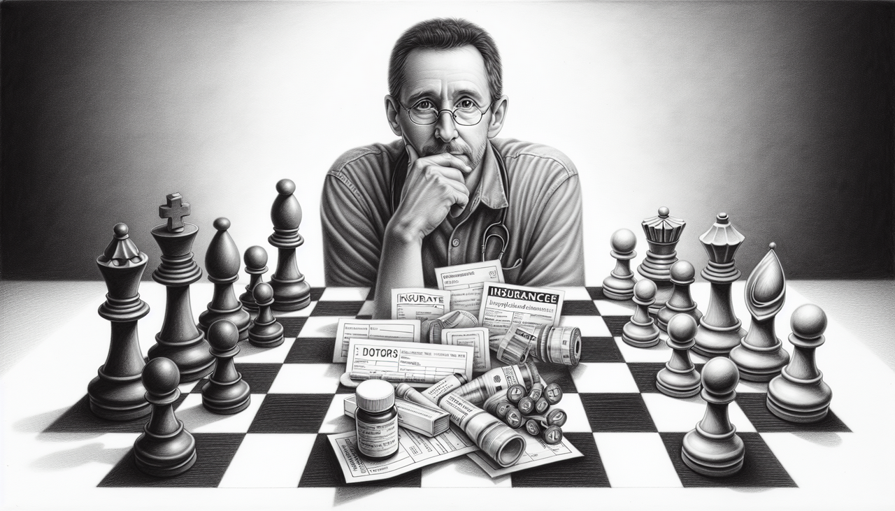 A black and white illustration depicting a middle-aged man with glasses, sitting thoughtfully at a chessboard that spans the width of the image. The chessboard cleverly represents two sides: one filled with chess pieces, and the other cluttered with medical and insurance-related items like pill bottles, insurance forms, and money. The man appears contemplative, resting his chin on his hand, symbolizing a strategic or critical decision-making scenario, possibly about healthcare or financial issues. The background is a simple gradient, focusing attention on the central elements.