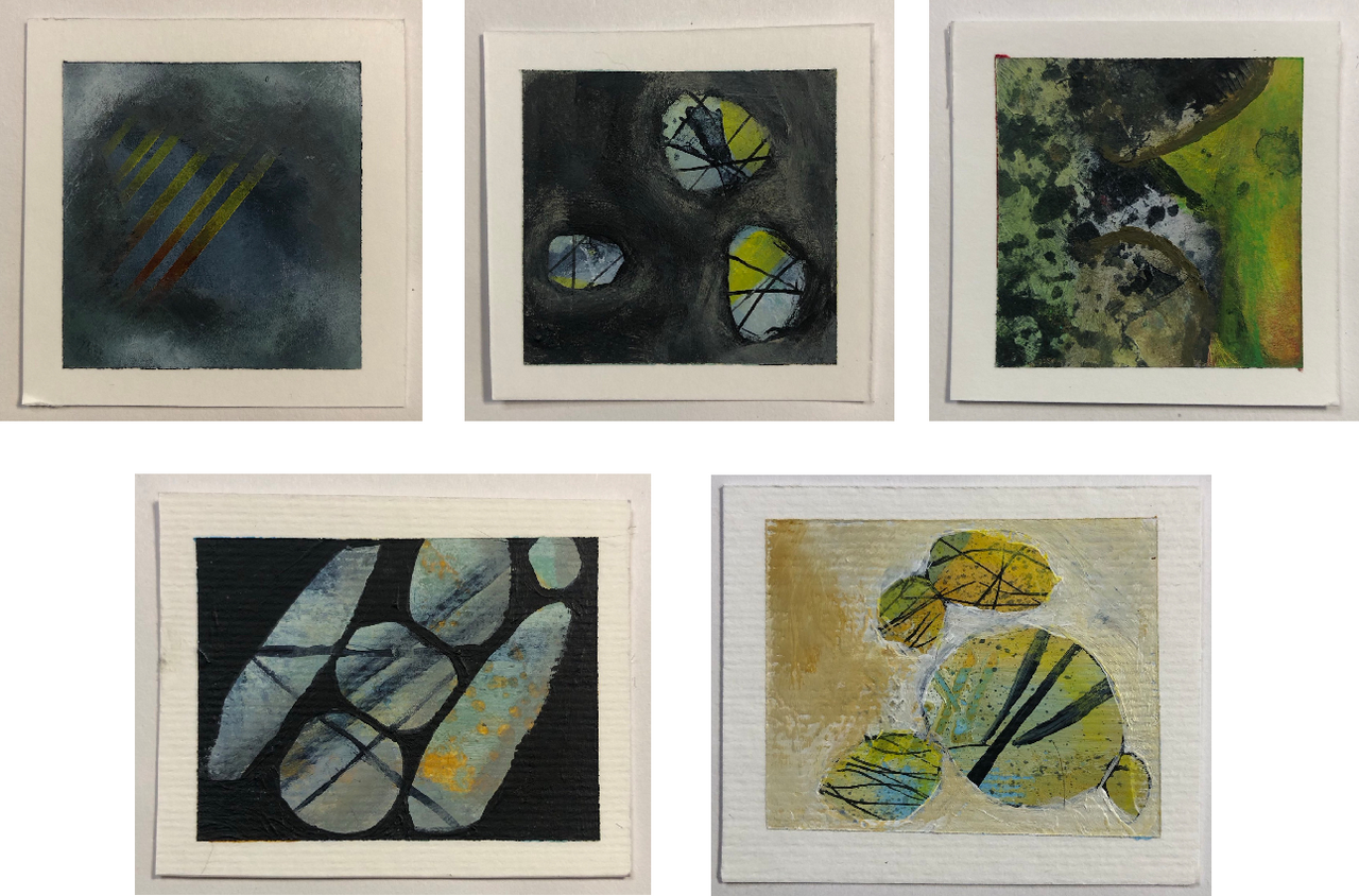 5 postage stamp pictures five postage-stamp-sized abstract paintings, using mostly blue and ochre with black and white