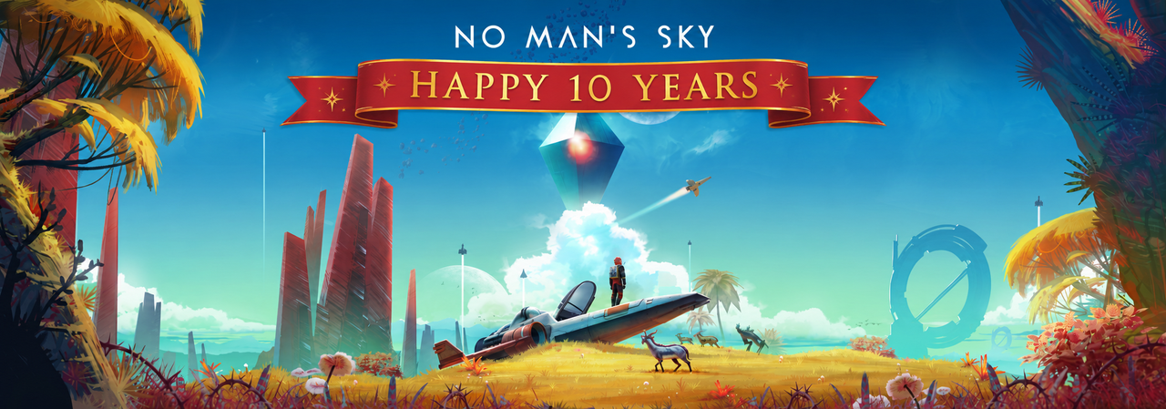 A vibrant, colorful sci-fi landscape from the game No Man's Sky celebrating its 10th anniversary. At the top center, white text reads "NO MAN'S SKY" above a red ribbon banner with gold trim and stars that says "HAPPY 10 YEARS" in large gold letters. The scene shows a futuristic grassy plain with various alien plants and flowers in shades of yellow, orange, red, and purple. On the left and right edges, tall yellow-leaved trees frame the image. In the middle ground, a person in a red spacesuit stands on the wing of a sleek, white and orange spaceship that is grounded on the grass. Nearby, several alien deer-like creatures graze. Tall, jagged red rock formations rise on the left side, while on the right, a large blue circular structure with a diagonal bar stands against a bright blue sky with scattered clouds. A large floating blue crystal with a glowing red core hovers in the sky above the person, and a small spaceship flies nearby leaving a white trail. Multiple moons or planets are fai