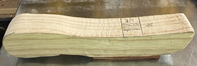 Rough-cut cane handle with markings where the mortise for the shaft will be cut.