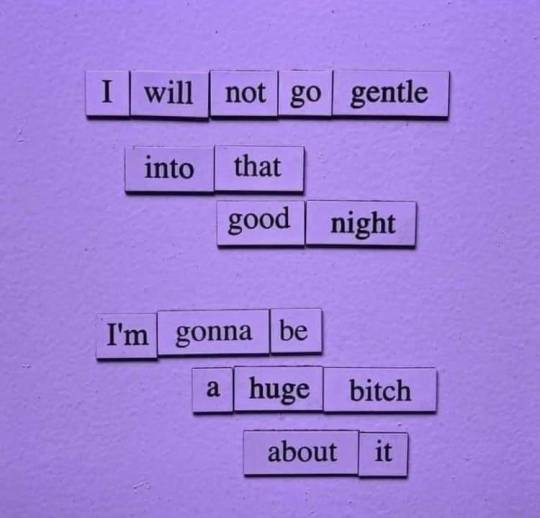 fridge magnet poetry: I will not go gentle into that good night/I’m gonna be a huge bitch about it
