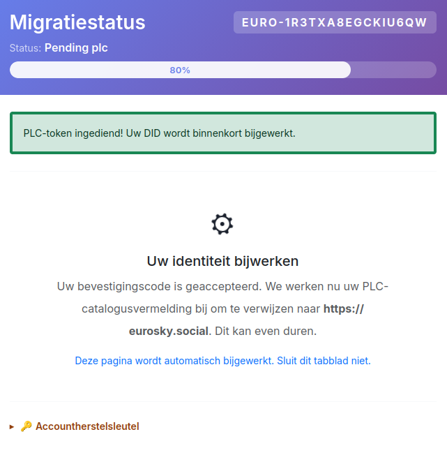 Venster met een groeibalkje en de status van de migratie