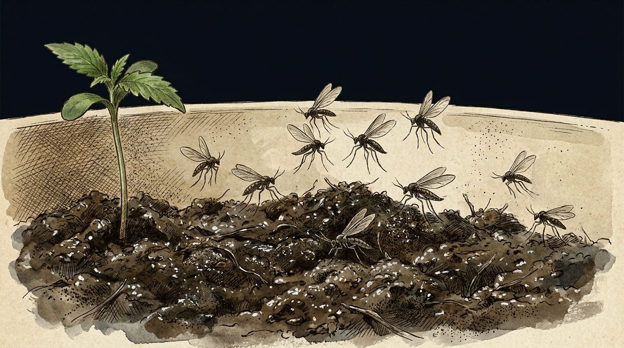 Fungus gnats on cannabis - small dark flies over damp topsoil with translucent larvae in the medium, botanical illustration