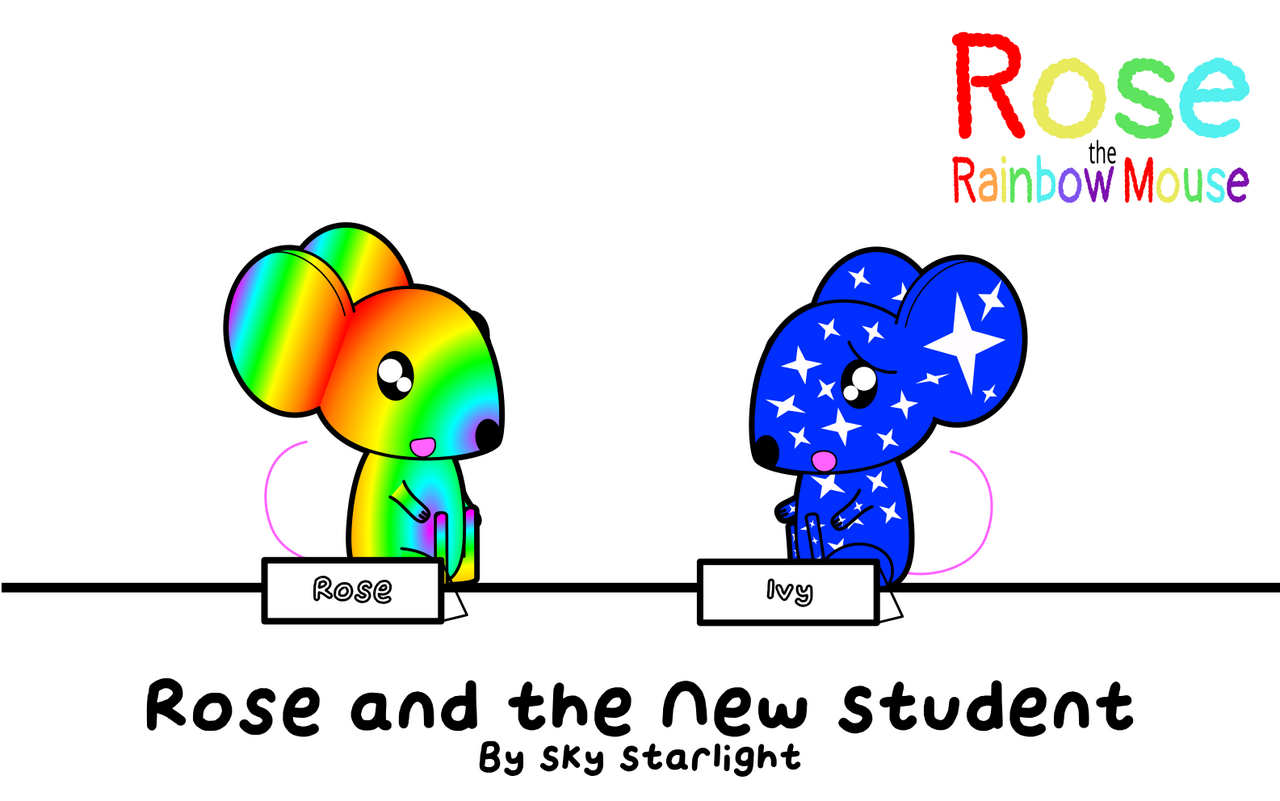 Rose, a rainbow mouse, sitting and smiling at Ivy, a blue mouse with stars on her.