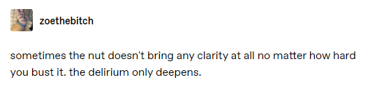 tumblr post by zoethebitch: sometimes the nut doesn’t bring any clarity at all no matter how hard you bust it. the delirium only deepens.