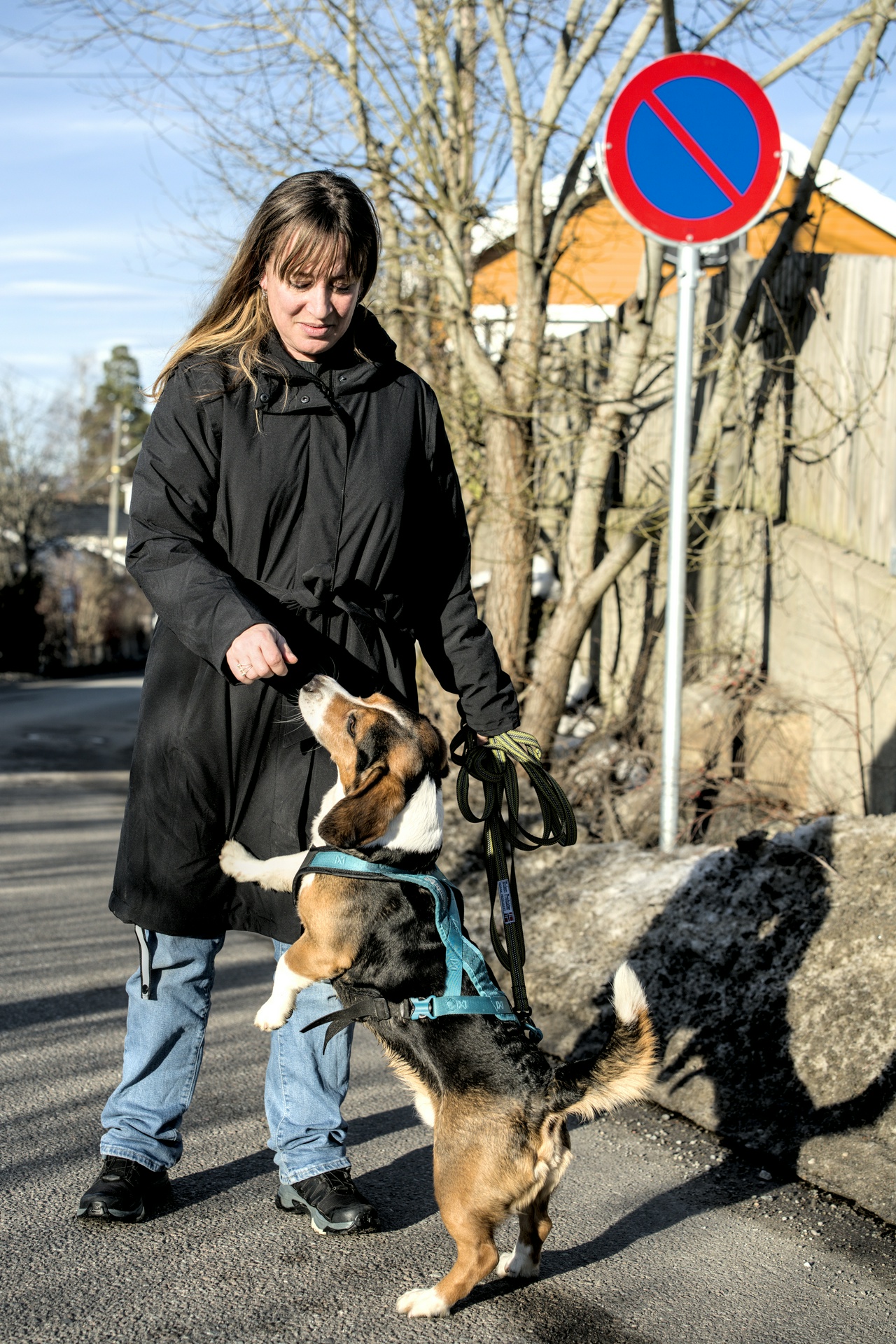 En dame står langs en vei. En hund reiser seg opp mot hånden hennes for en godbit. Det er tidlig på våren.