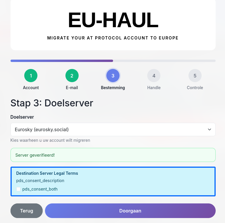 Stap 3 in te vullen doelserver en een mogelijk voor pds_consent_both aan te vinken