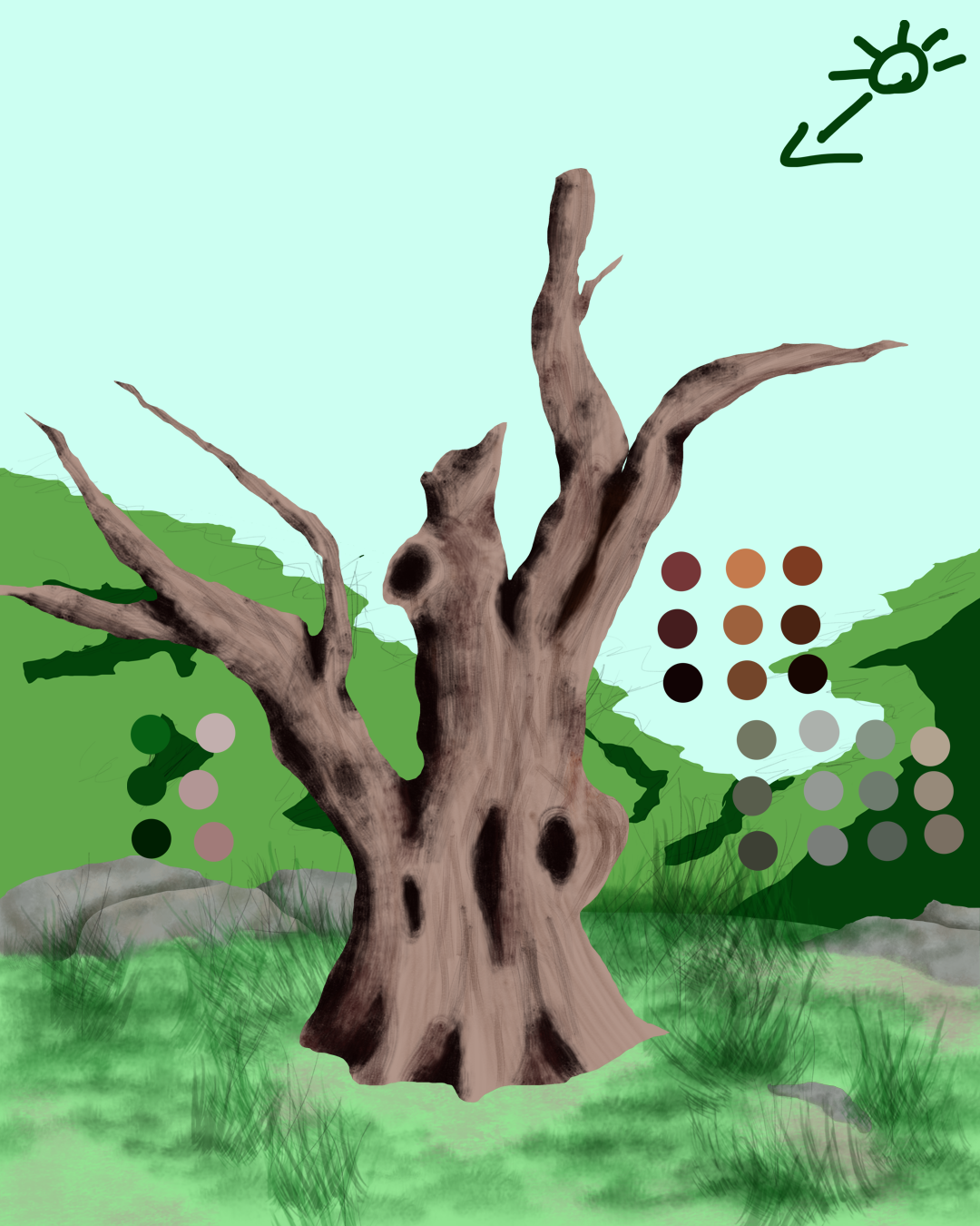 A digital drawing of a tree on hill. With some details added to grass and rocks. Some shadowing done on the tree bark. Work in progress.
