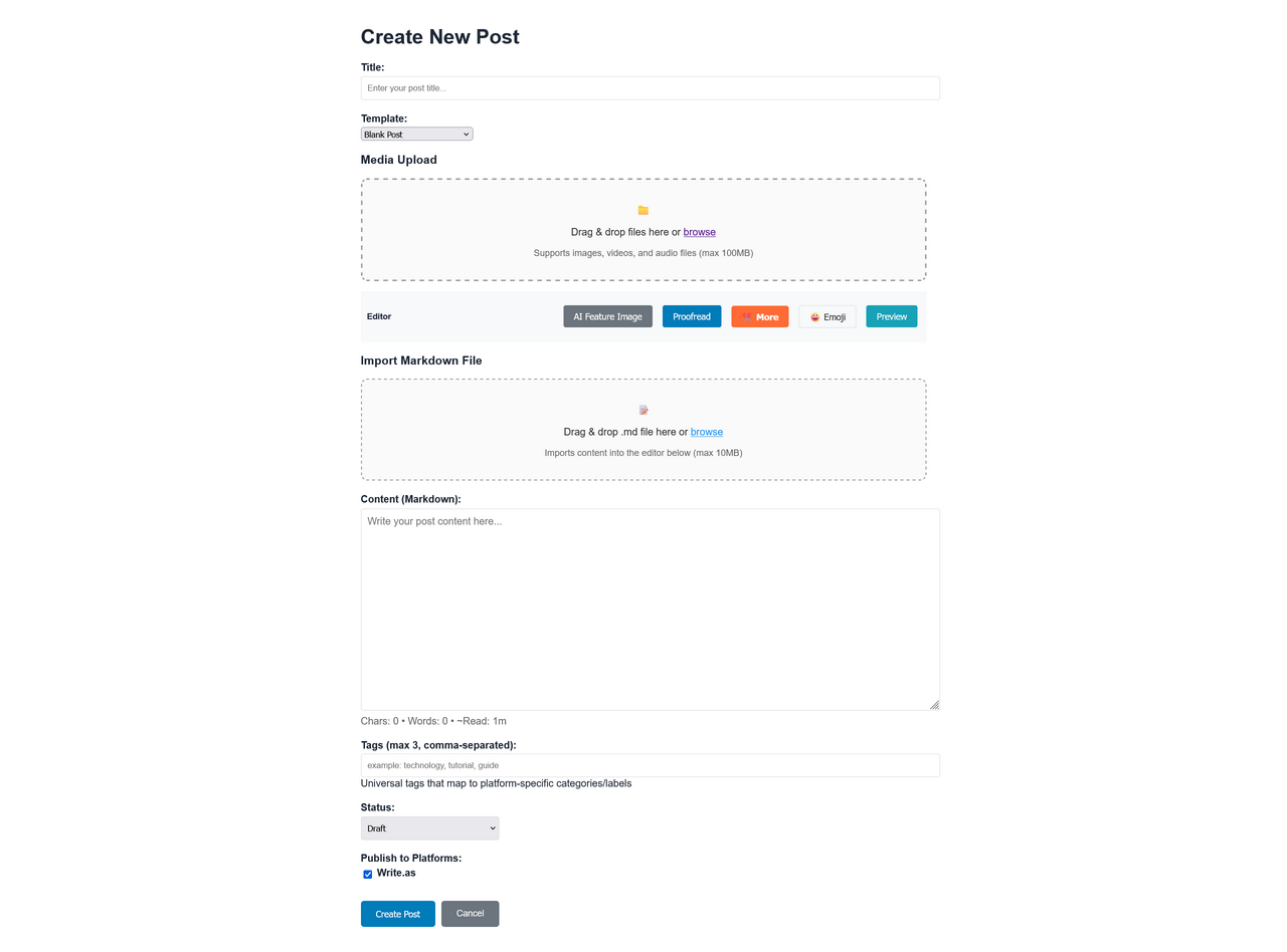 A screenshot of a user interface for creating a new blog post, featuring fields for title, template selection, media upload, markdown file import, content entry in markdown format, tags, status, and publishing options. The interface includes buttons for additional editing features like proofreading and preview.