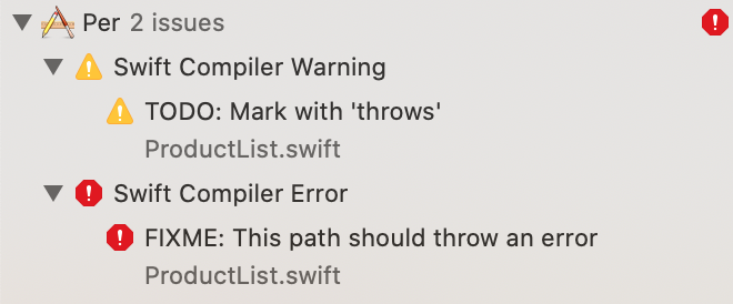 "Xcode's Issues navigator shows comments marked as #warning or #error"