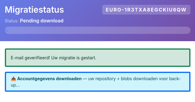 Informatievenster met de tekst E-mail geverifieerd! Uw migratie is gestart.