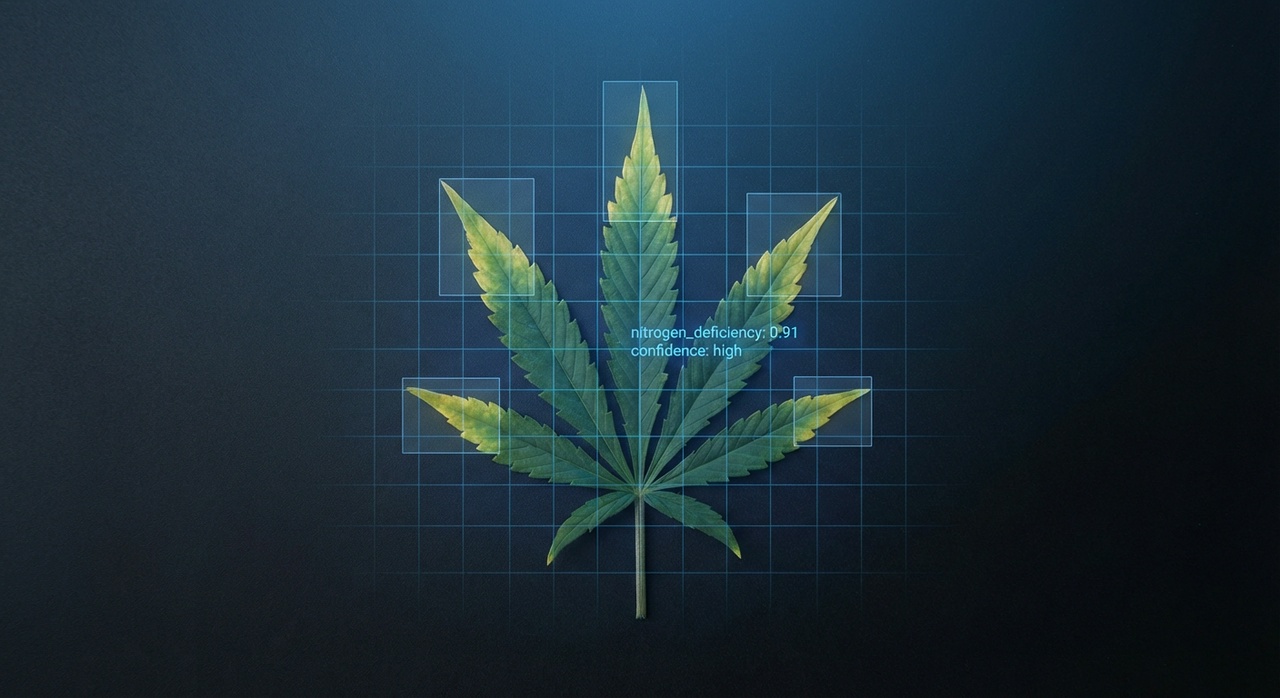 AI diagnostic overlay on a cannabis leaf detecting nitrogen deficiency