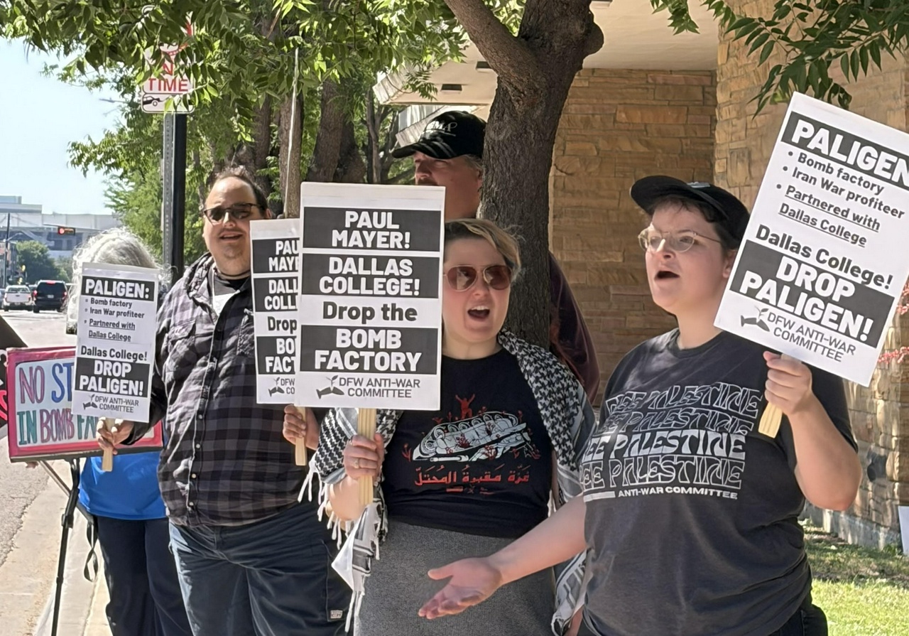 Protest demands Dallas College break ties with weapons maker.
