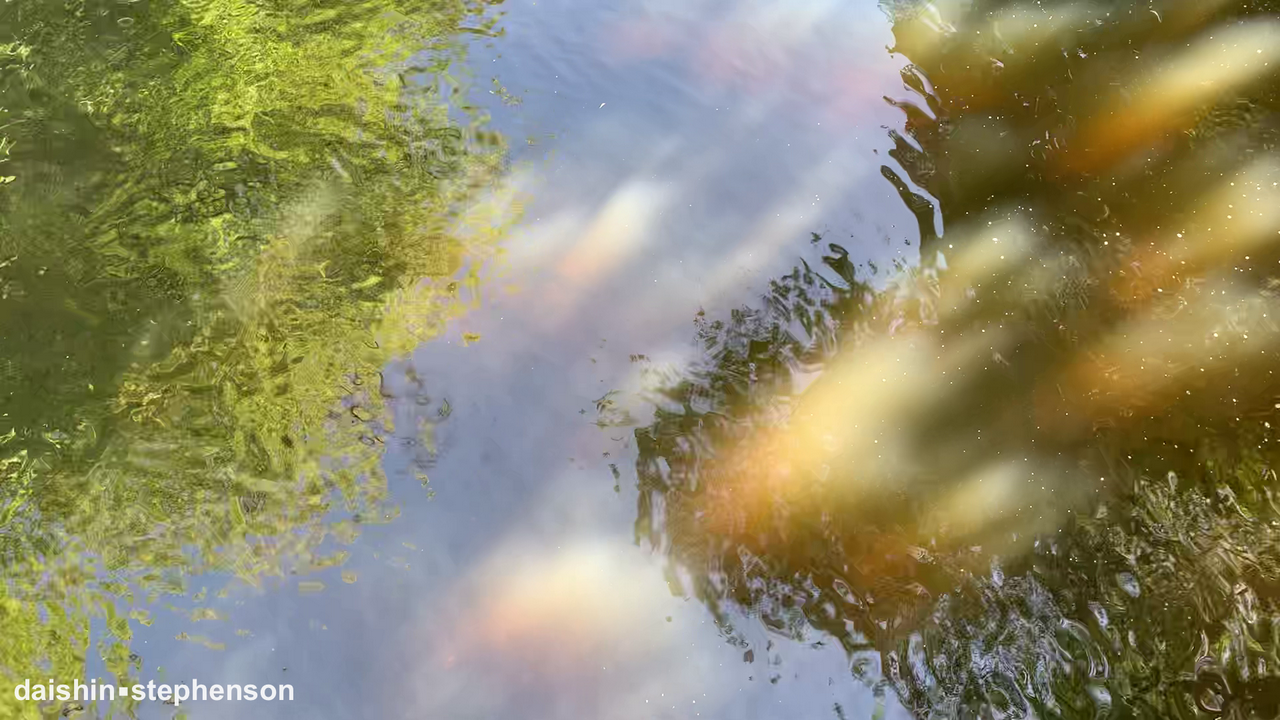video screenshot of sky and tree reflections on river kelvin. leaves and bubbles mark the flow of water. video screenshot of sky and tree reflections on river kelvin. leaves and bubbles mark the flow of water