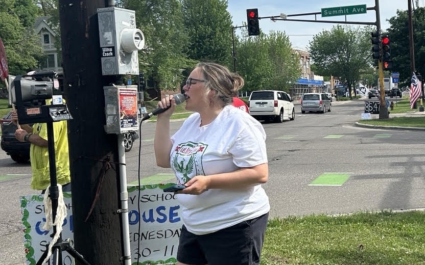 WAMM director Meredith Aby leading chants. | Fight Back! News WAMM director Meredith Aby leading chants.