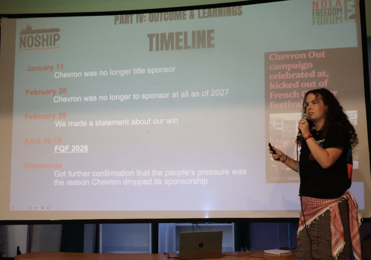 Melina Diner of NOSHIP presents a timeline of the coalition's campaign. | FightBack! News