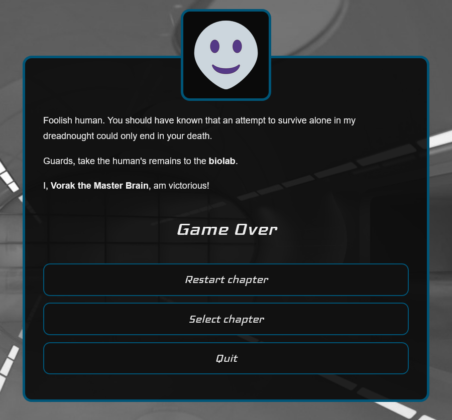 Game Over: Restart chapter / Select chapter / Quit