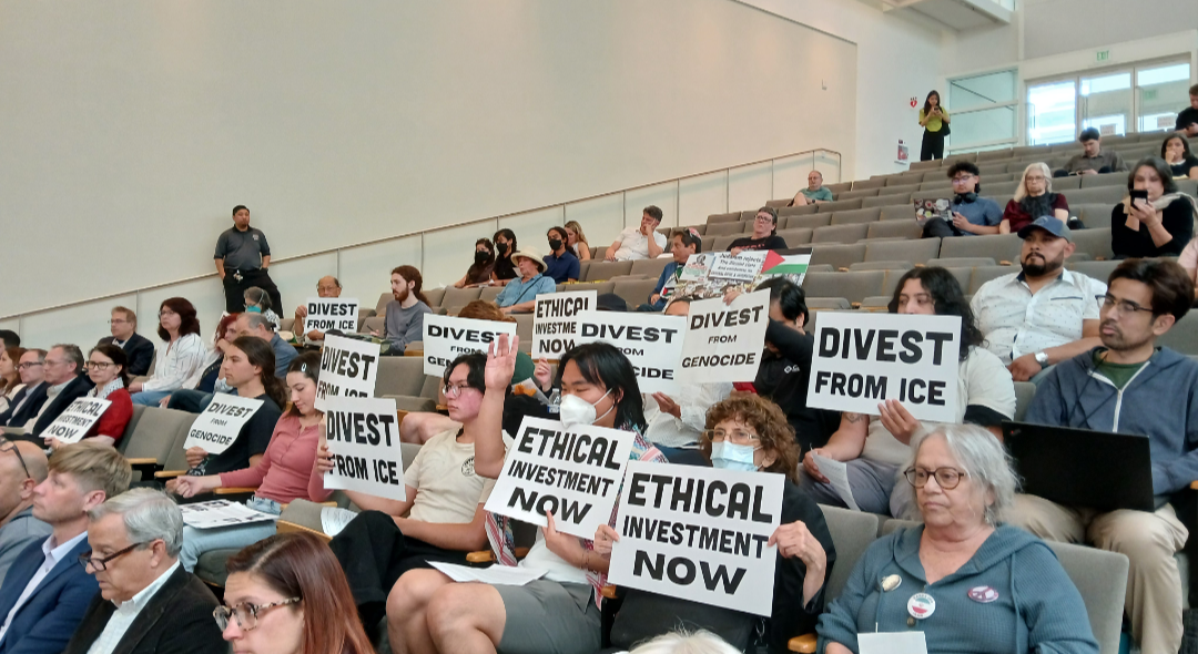 San Jose protest demands city adopt ethical investment policy. 